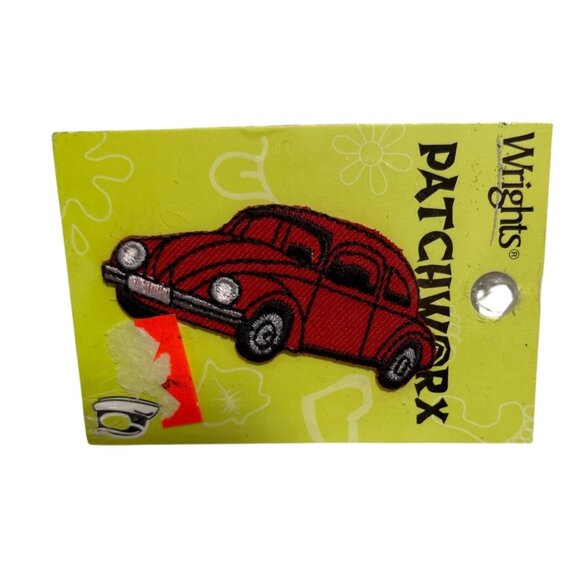 Vintage Wrights VW Bettle Patchworx Iron-On Patch Red Car Bug 2.25" Embroidered - Picture 1 of 5
